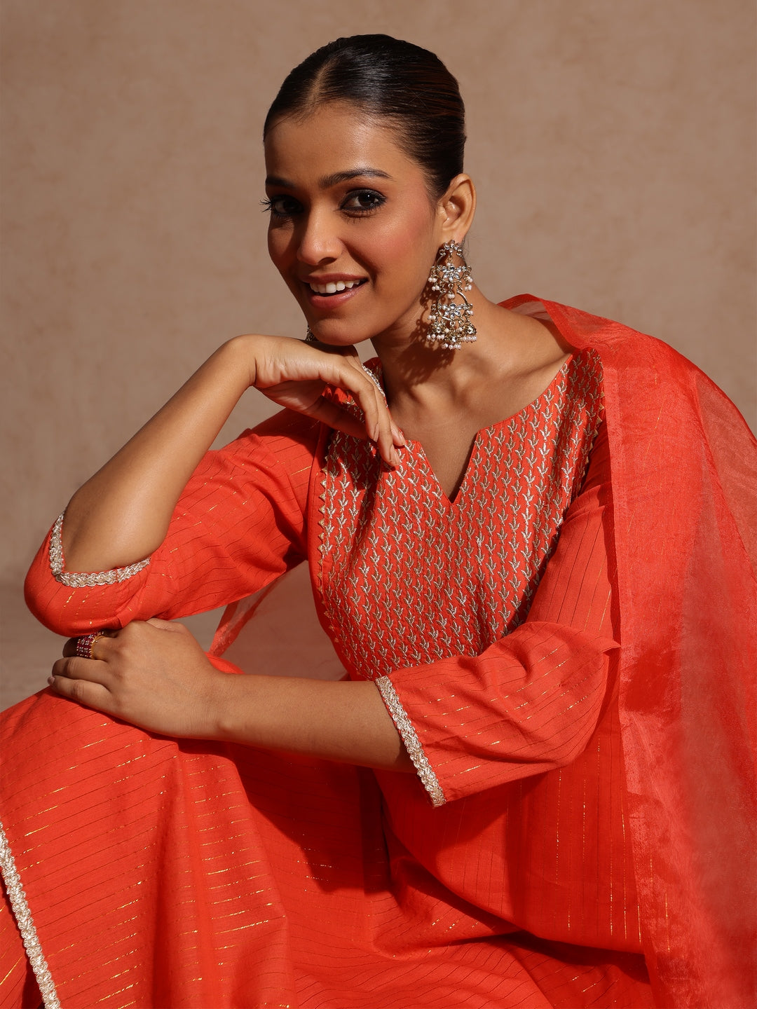 Women's Orange Pure Cotton Yoke Zari Embroidered A-line Kurta Set