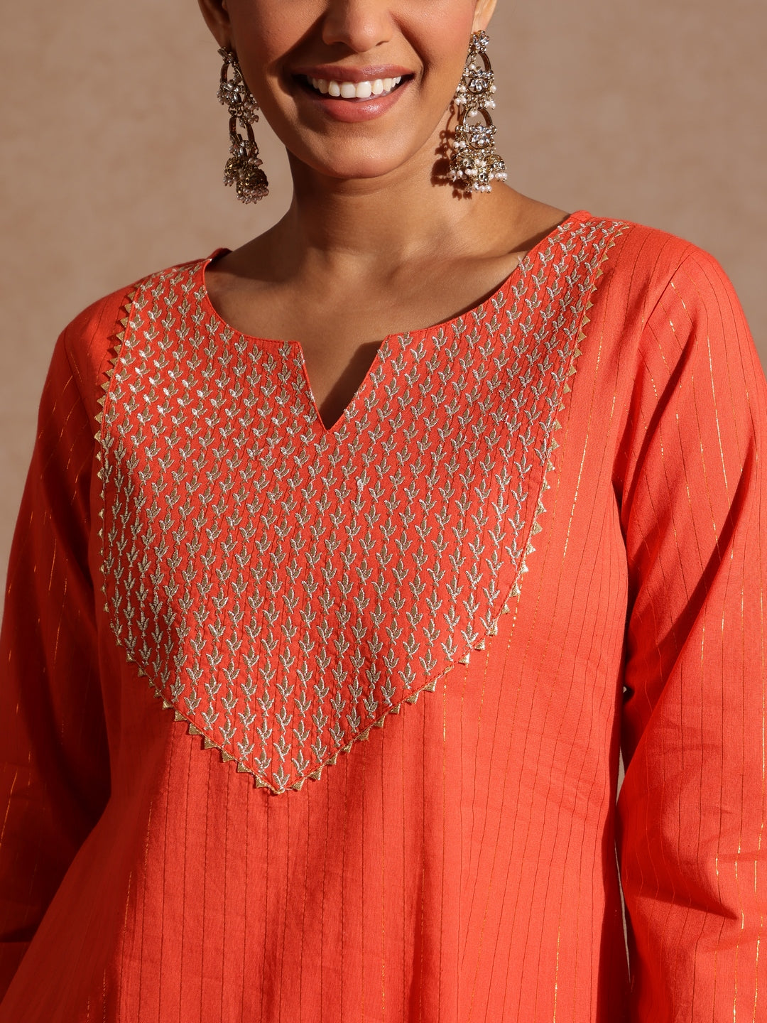 Women's Orange Pure Cotton Yoke Zari Embroidered A-line Kurta Set