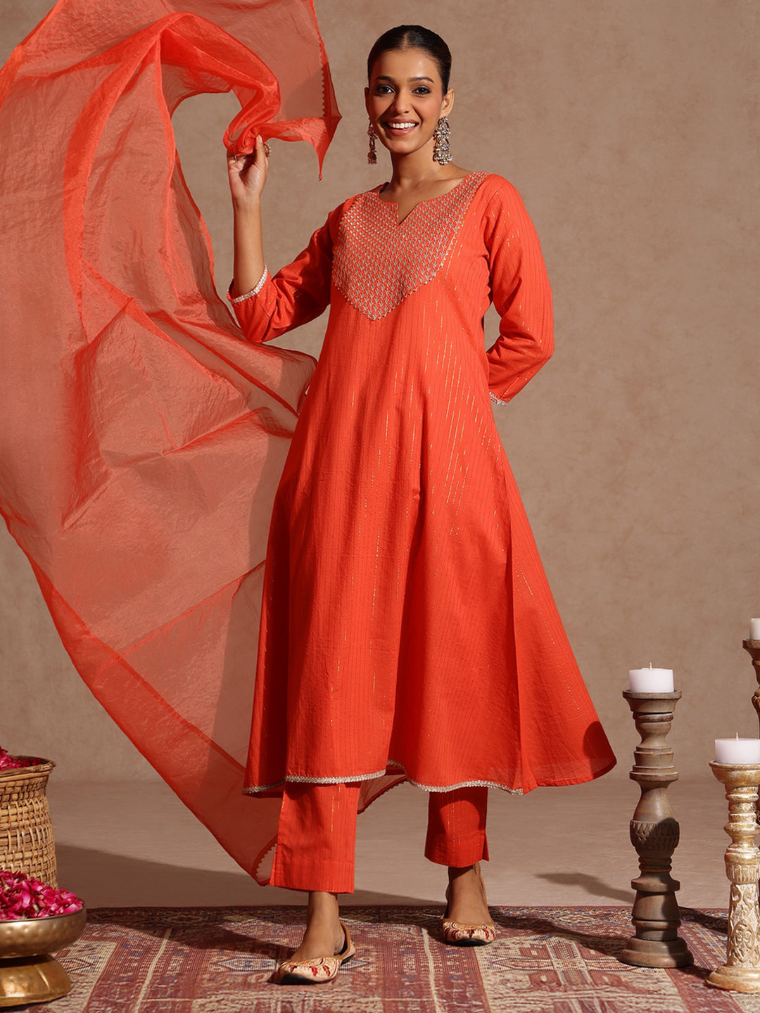 Women's Orange Pure Cotton Yoke Zari Embroidered A-line Kurta Set