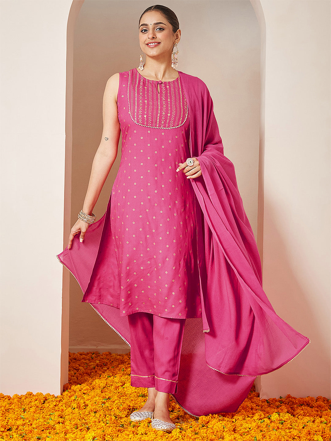 Women's Pink Rayon Gold Printed Straight Kurta Set