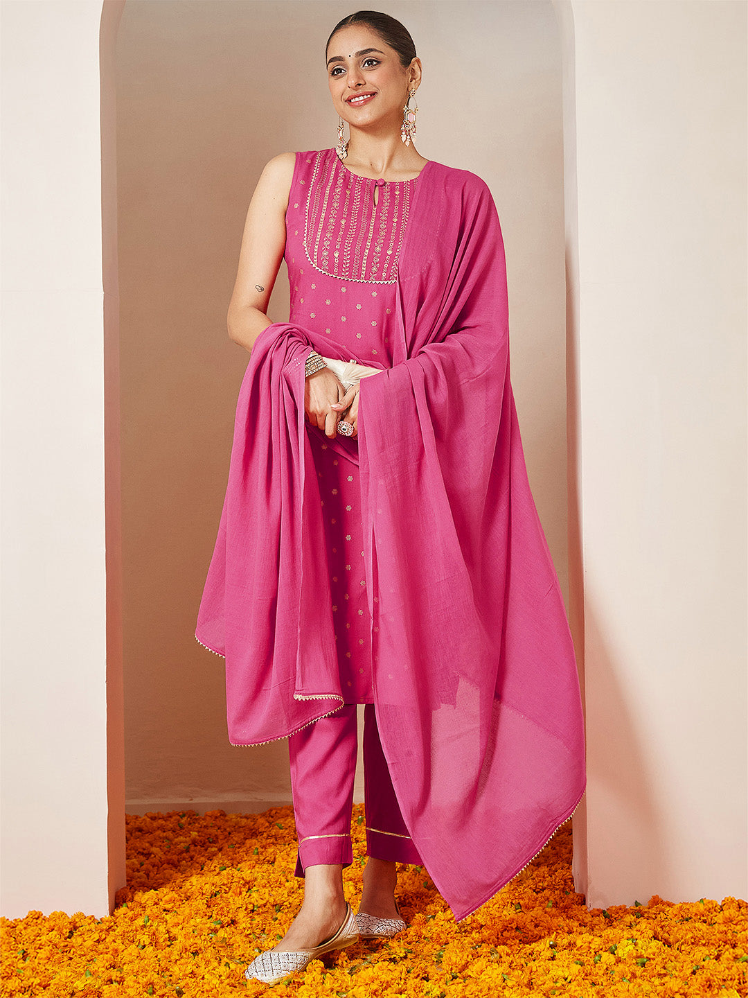 Women's Pink Rayon Gold Printed Straight Kurta Set