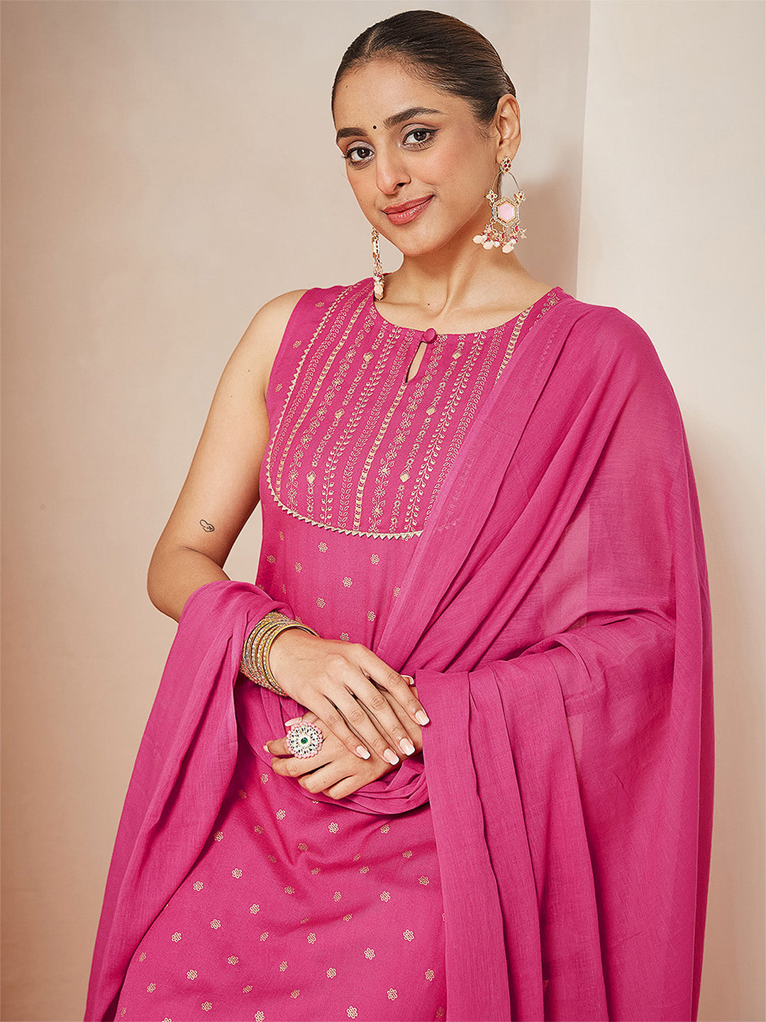 Women's Pink Rayon Gold Printed Straight Kurta Set