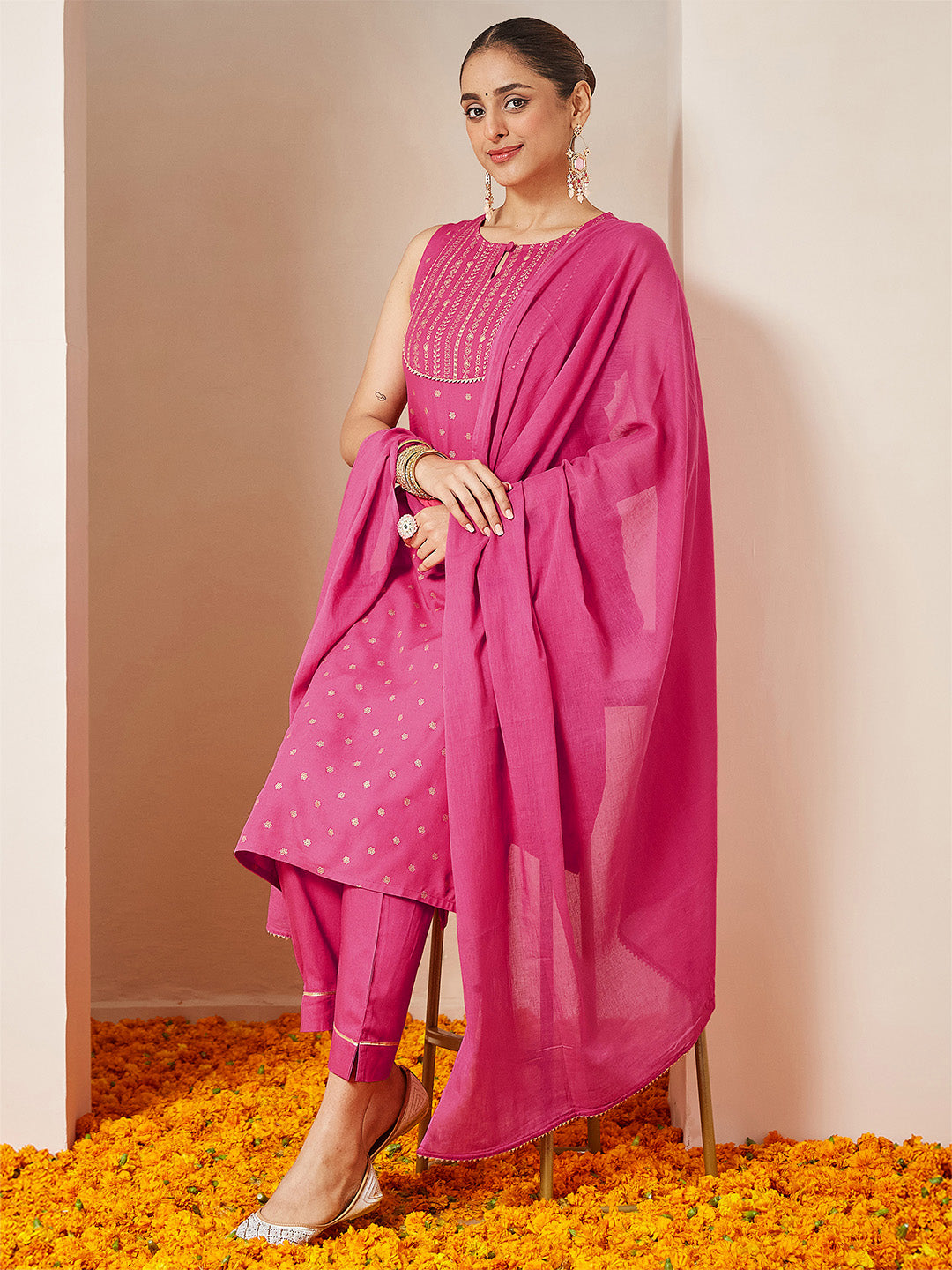 Women's Pink Rayon Gold Printed Straight Kurta Set