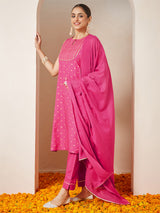 Women's Pink Rayon Gold Printed Straight Kurta Set