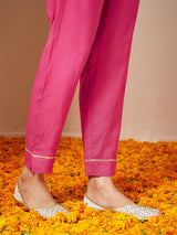 Women's Pink Rayon Gold Printed Straight Kurta Set