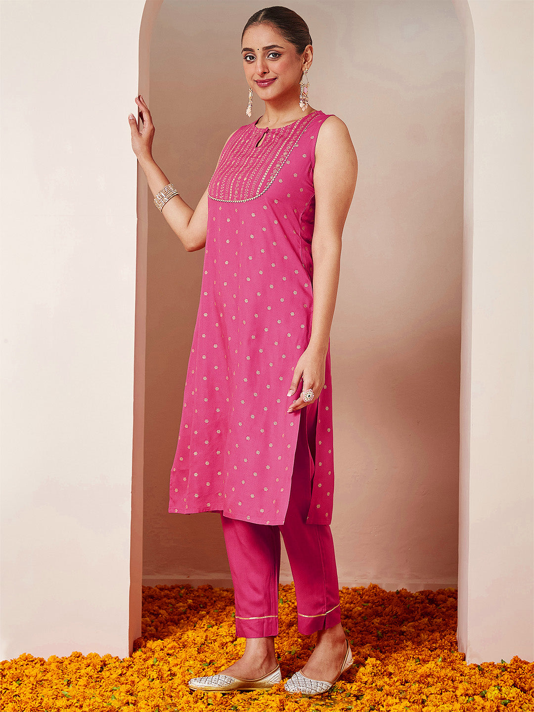 Women's Pink Rayon Gold Printed Straight Kurta Set