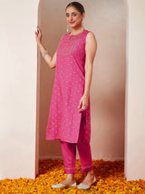 Women's Pink Rayon Gold Printed Straight Kurta Set