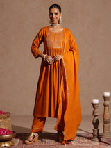 Women's Mustard Rayon Yoke Design A-line Kurta Set