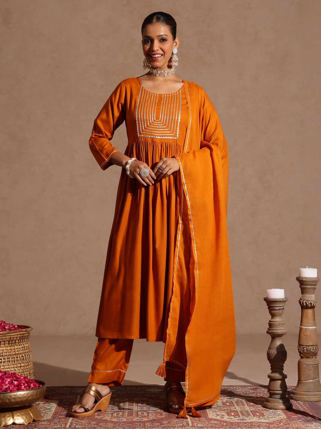 Women's Mustard Rayon Yoke Design A-line Kurta Set