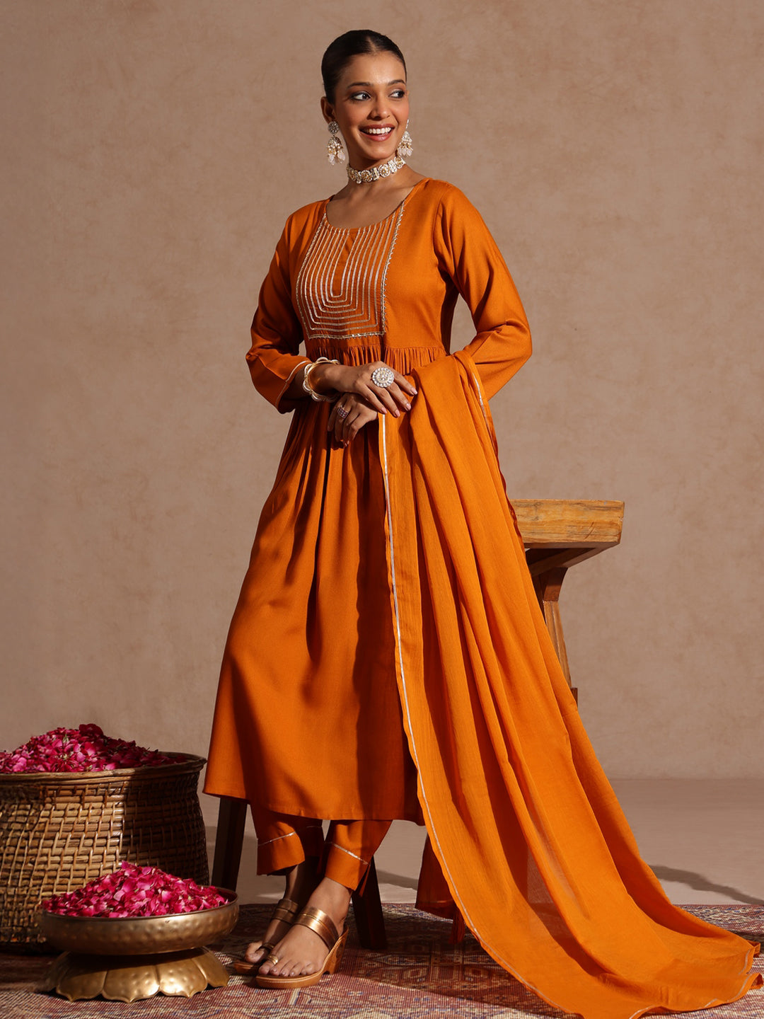 Women's Mustard Rayon Yoke Design A-line Kurta Set