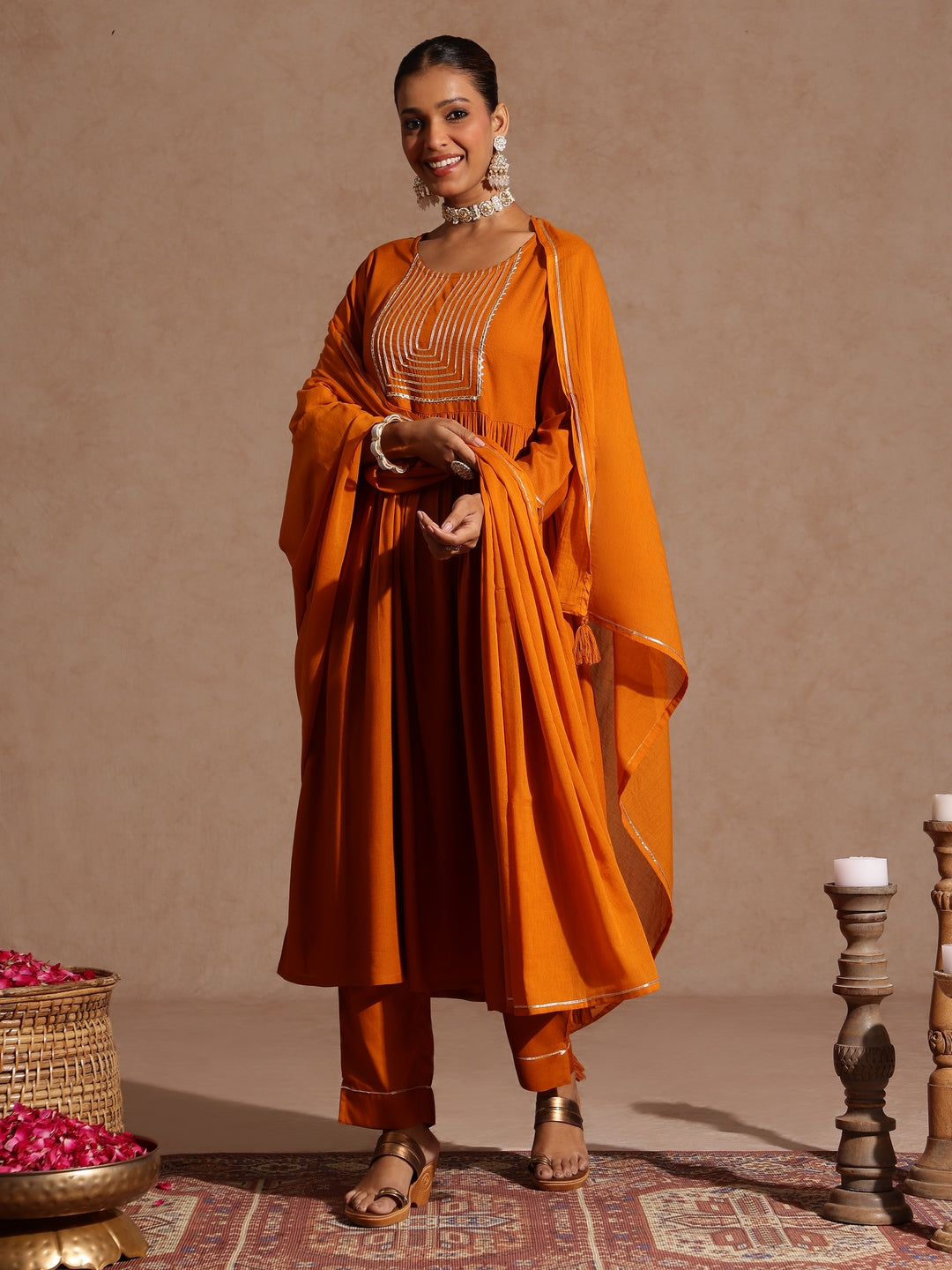 Women's Mustard Rayon Yoke Design A-line Kurta Set