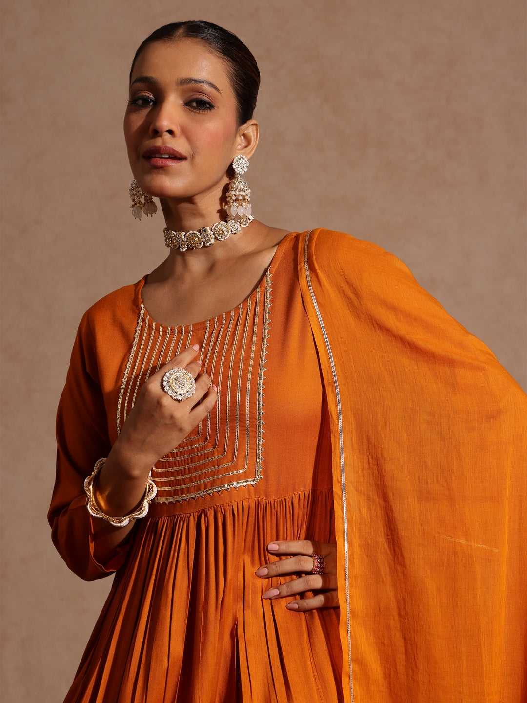 Women's Mustard Rayon Yoke Design A-line Kurta Set