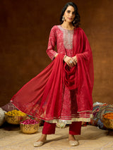 Women's Maroon Pure Cotton Floral Printed Yoke Embroidered Anarkali Kurta Set