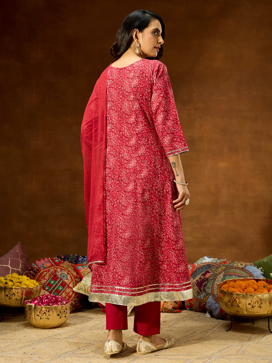 Women's Maroon Pure Cotton Floral Printed Yoke Embroidered Anarkali Kurta Set