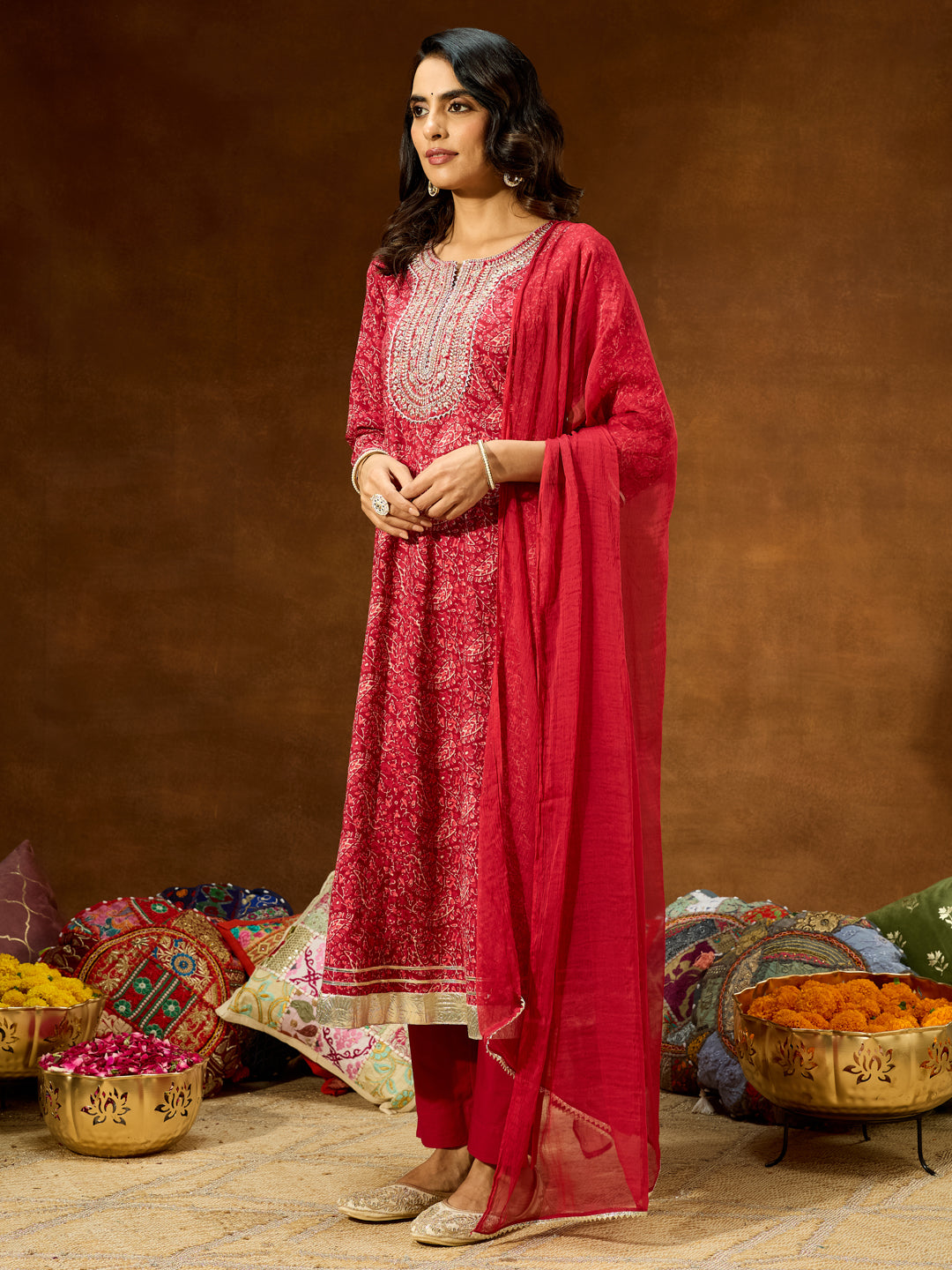 Women's Maroon Pure Cotton Floral Printed Yoke Embroidered Anarkali Kurta Set