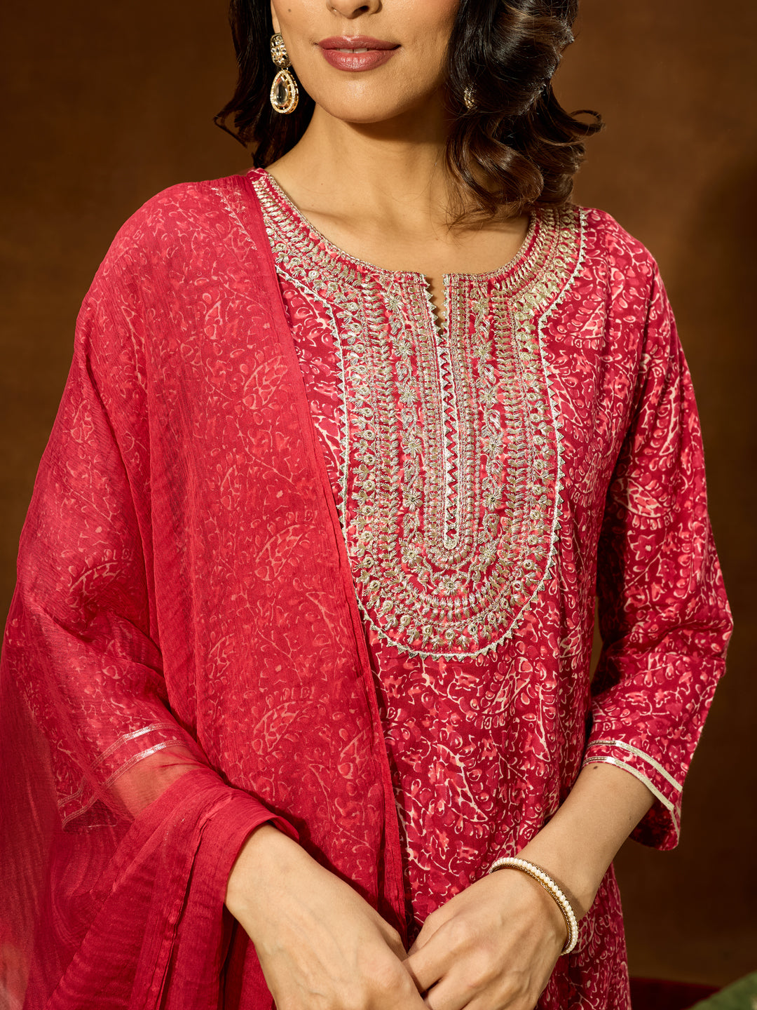 Women's Maroon Pure Cotton Floral Printed Yoke Embroidered Anarkali Kurta Set