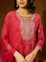 Women's Maroon Pure Cotton Floral Printed Yoke Embroidered Anarkali Kurta Set