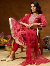 Women's Maroon Pure Cotton Floral Printed Yoke Embroidered Anarkali Kurta Set