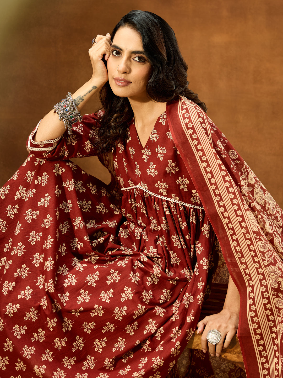 Women's Brown Pure Cotton Floral Printed A-line Kurta Set