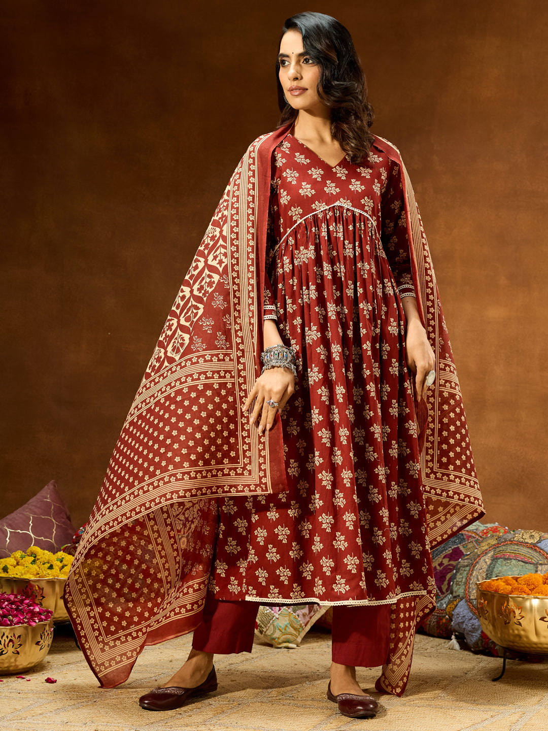 Women's Brown Pure Cotton Floral Printed A-line Kurta Set