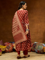 Women's Brown Pure Cotton Floral Printed A-line Kurta Set