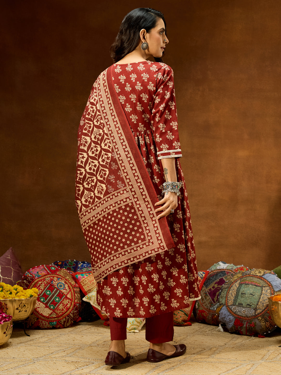 Women's Brown Pure Cotton Floral Printed A-line Kurta Set