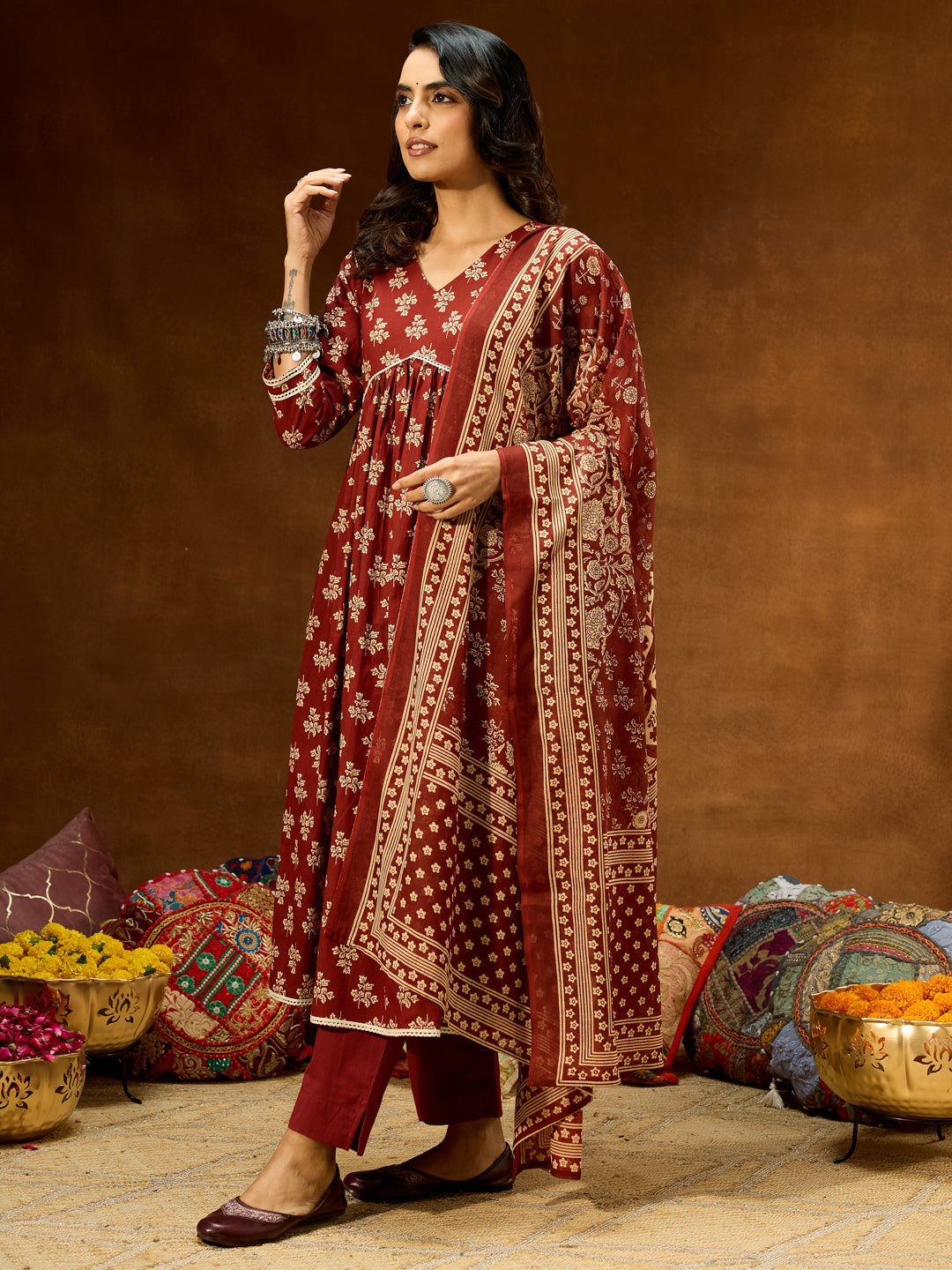 Women's Brown Pure Cotton Floral Printed A-line Kurta Set