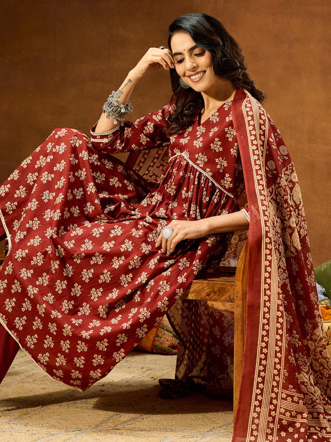 Women's Brown Pure Cotton Floral Printed A-line Kurta Set