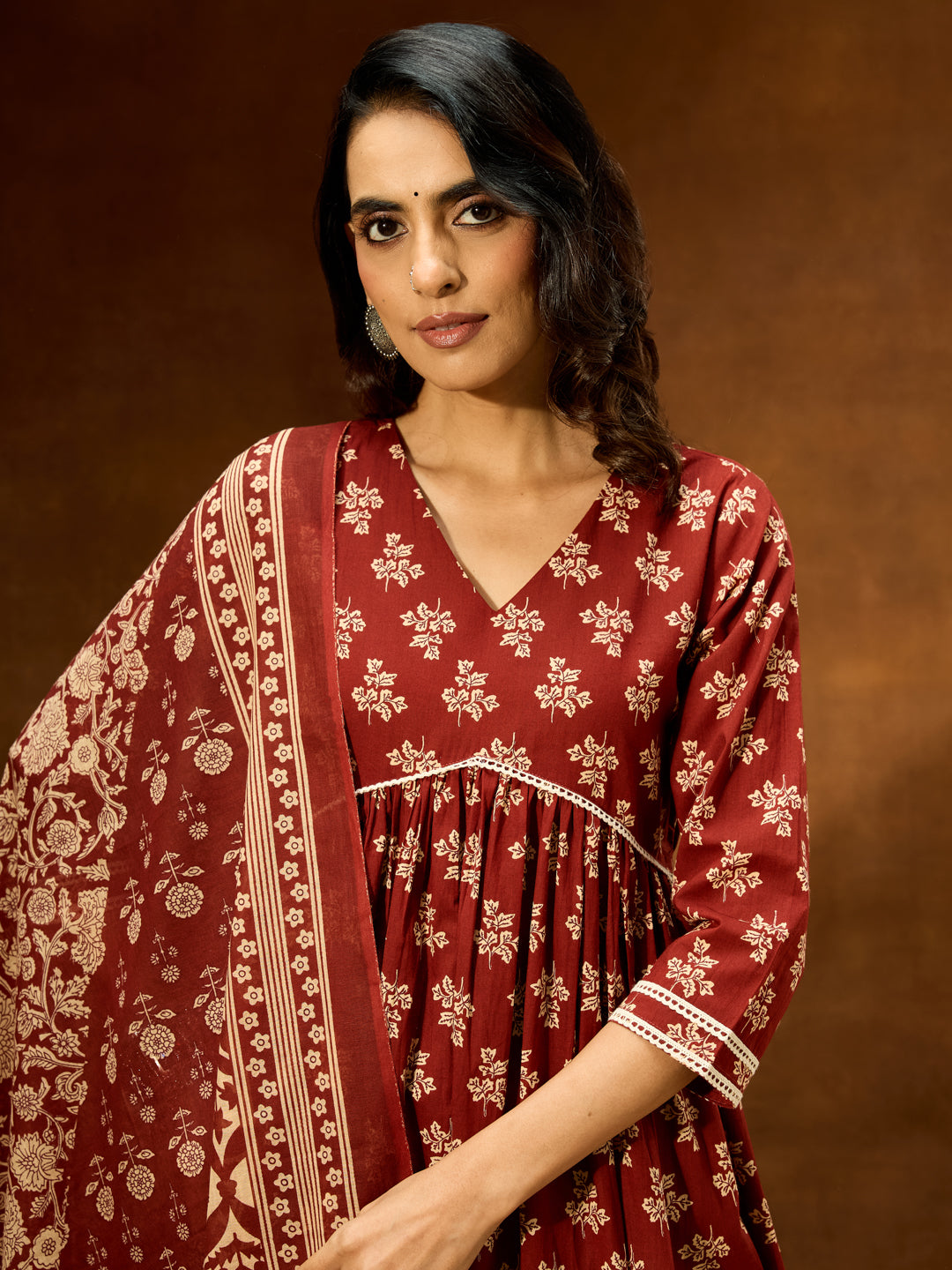 Women's Brown Pure Cotton Floral Printed A-line Kurta Set