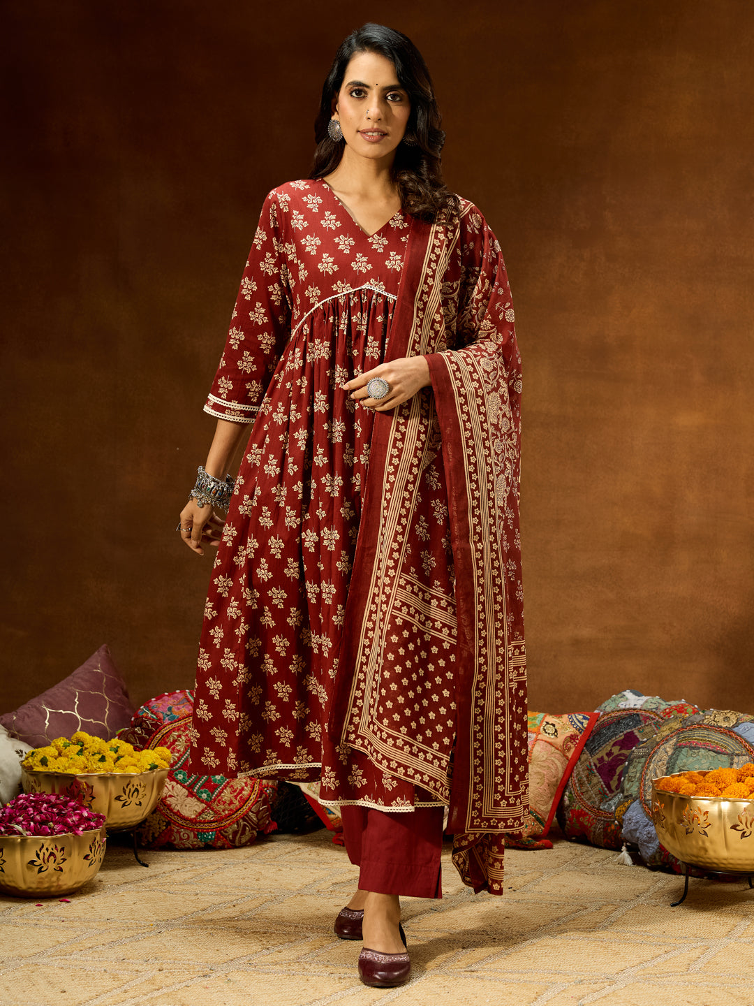 Women's Brown Pure Cotton Floral Printed A-line Kurta Set