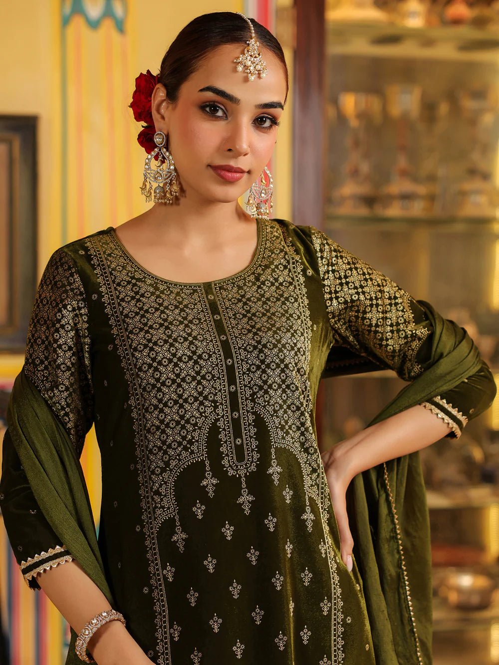 Olive Green Velvet Gold Foil Printed Straight Kurta Set for Women