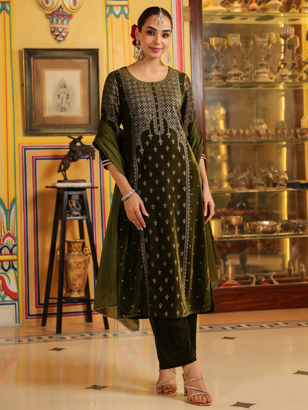 Olive Green Velvet Gold Foil Printed Straight Kurta Set for Women