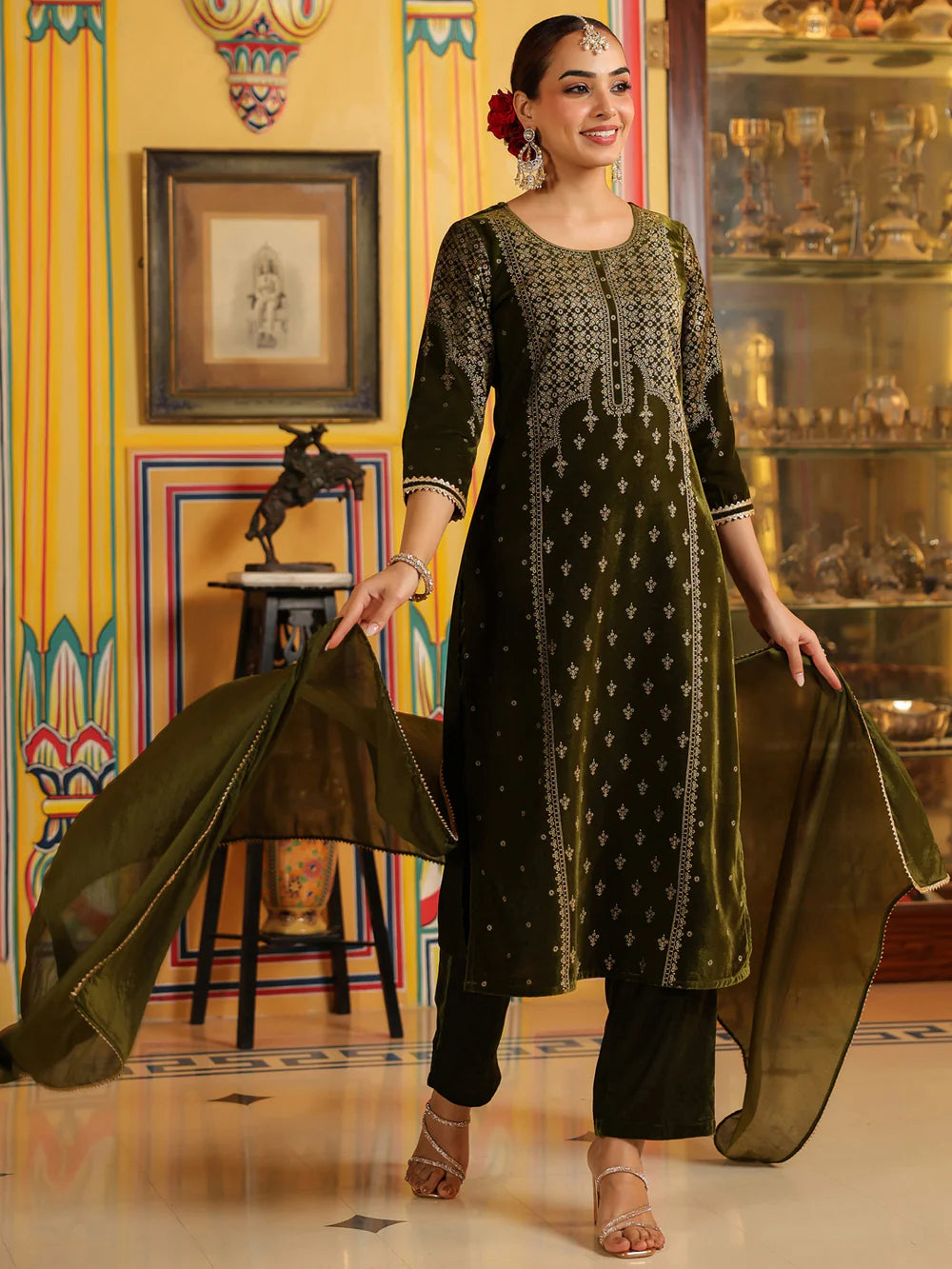 Olive Green Velvet Gold Foil Printed Straight Kurta Set for Women