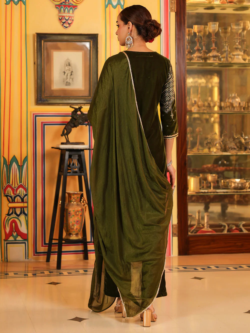 Olive Green Velvet Gold Foil Printed Straight Kurta Set for Women