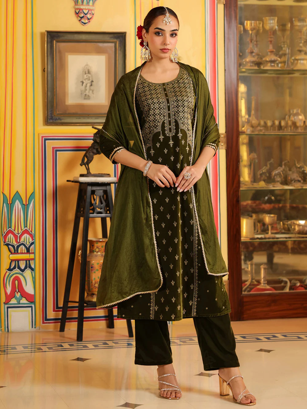 Olive Green Velvet Gold Foil Printed Straight Kurta Set for Women