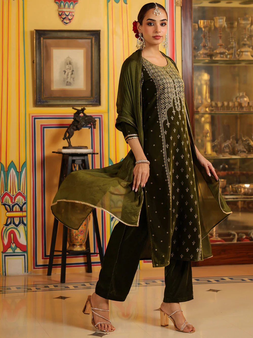 Olive Green Velvet Gold Foil Printed Straight Kurta Set for Women