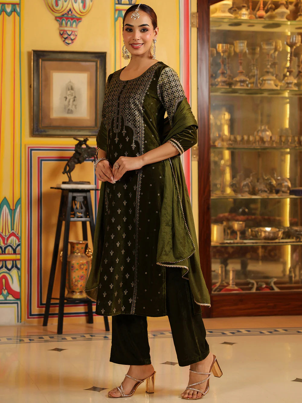 Olive Green Velvet Gold Foil Printed Straight Kurta Set for Women