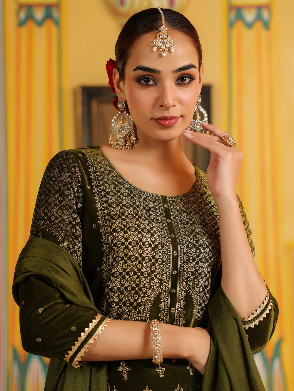 Olive Green Velvet Gold Foil Printed Straight Kurta Set for Women
