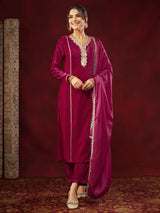 Women's Pink Velvet Embellished Straight Kurta Set