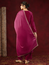 Women's Pink Velvet Embellished Straight Kurta Set