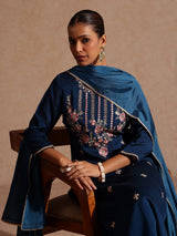 Women's Teal Blue Silk Blend Embroidered Straight Kurta Set