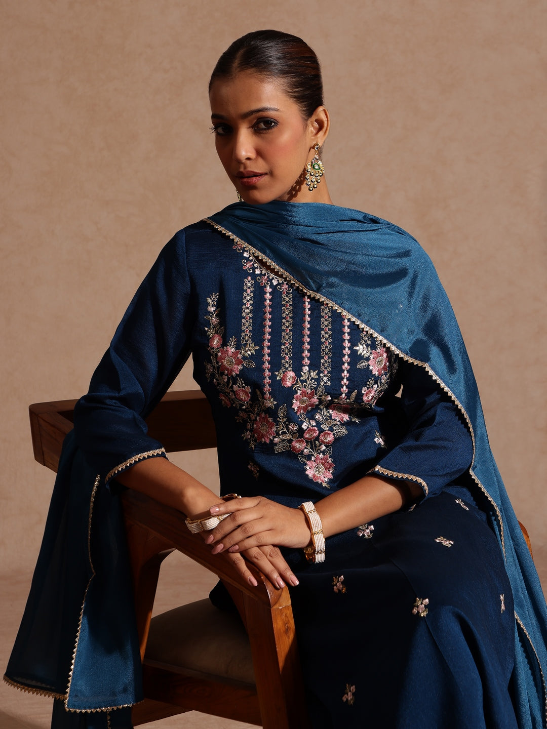 Women's Teal Blue Silk Blend Embroidered Straight Kurta Set