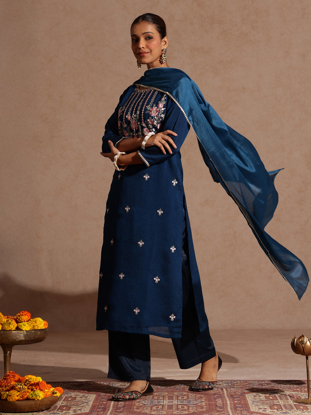 Women's Teal Blue Silk Blend Embroidered Straight Kurta Set