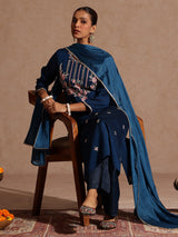 Women's Teal Blue Silk Blend Embroidered Straight Kurta Set