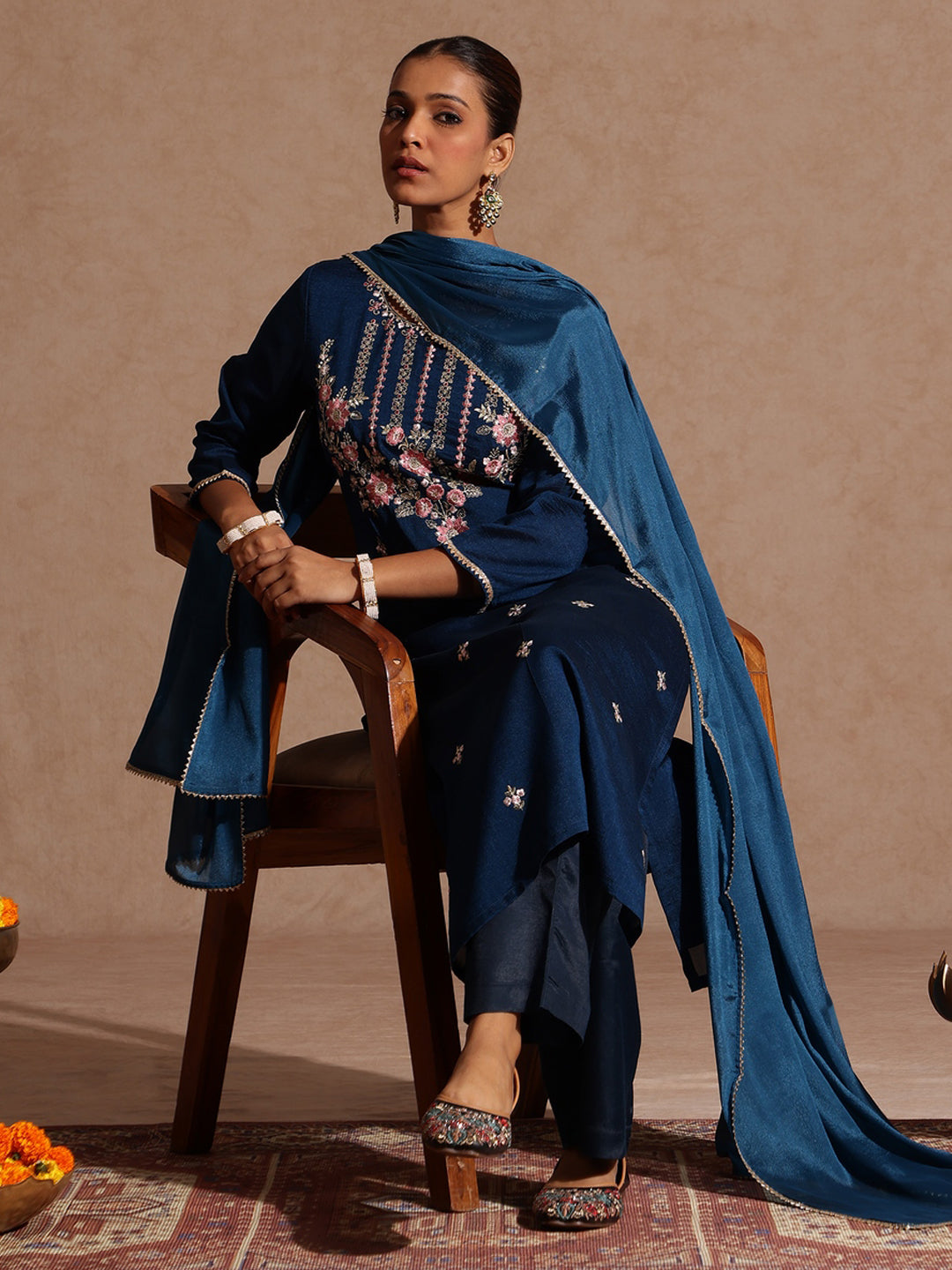 Women's Teal Blue Silk Blend Embroidered Straight Kurta Set