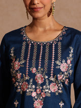 Women's Teal Blue Silk Blend Embroidered Straight Kurta Set