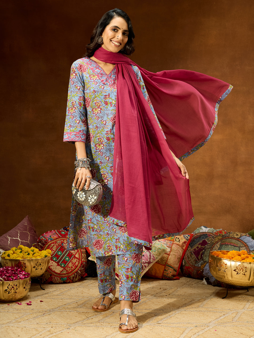 Women's Blue Pure Cotton Floral Printed Straight Kurta Set