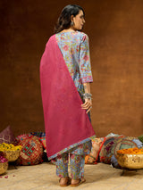 Women's Blue Pure Cotton Floral Printed Straight Kurta Set