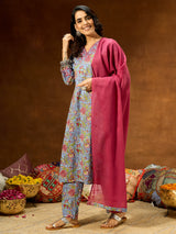 Women's Blue Pure Cotton Floral Printed Straight Kurta Set