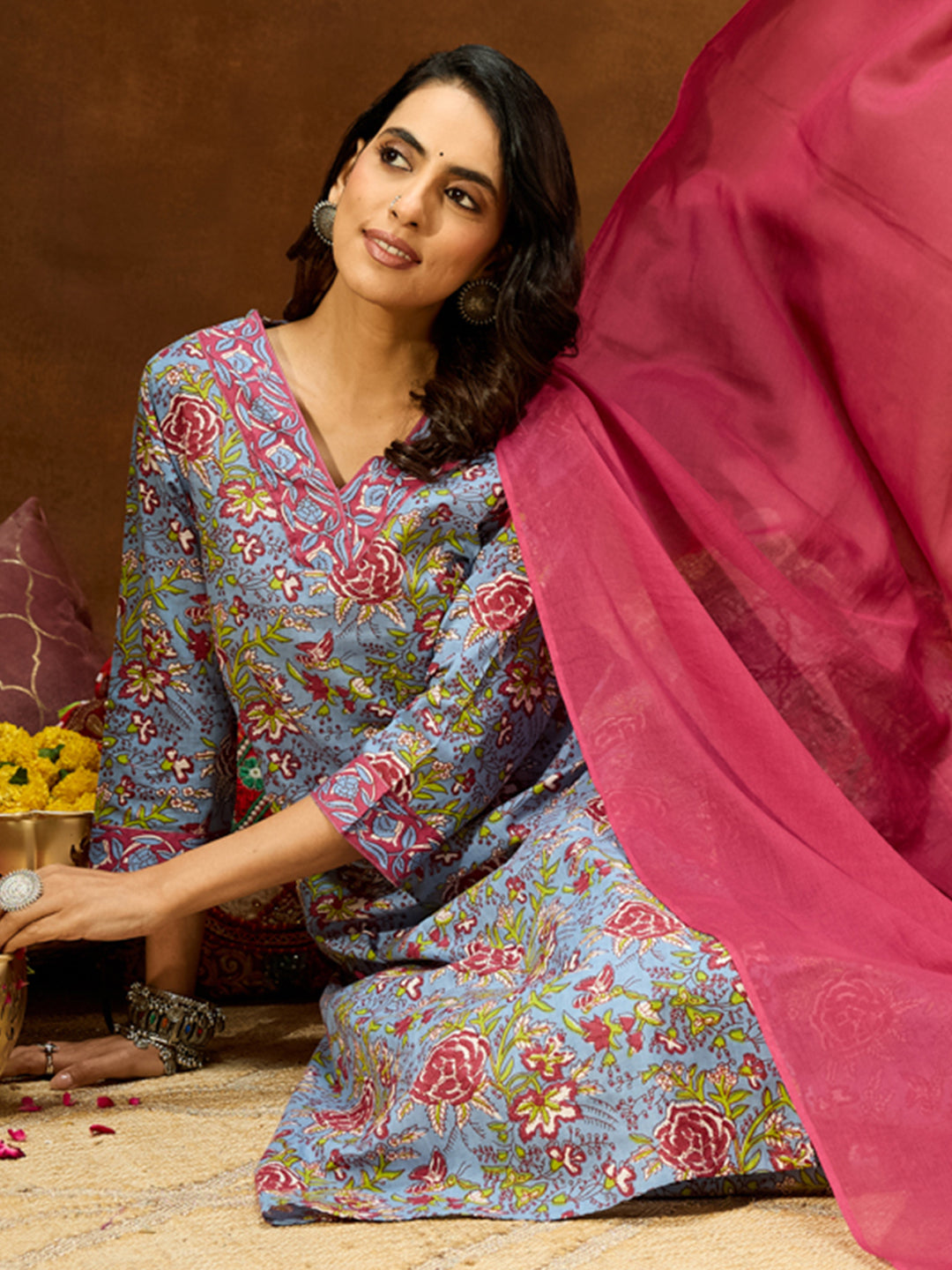 Women's Blue Pure Cotton Floral Printed Straight Kurta Set